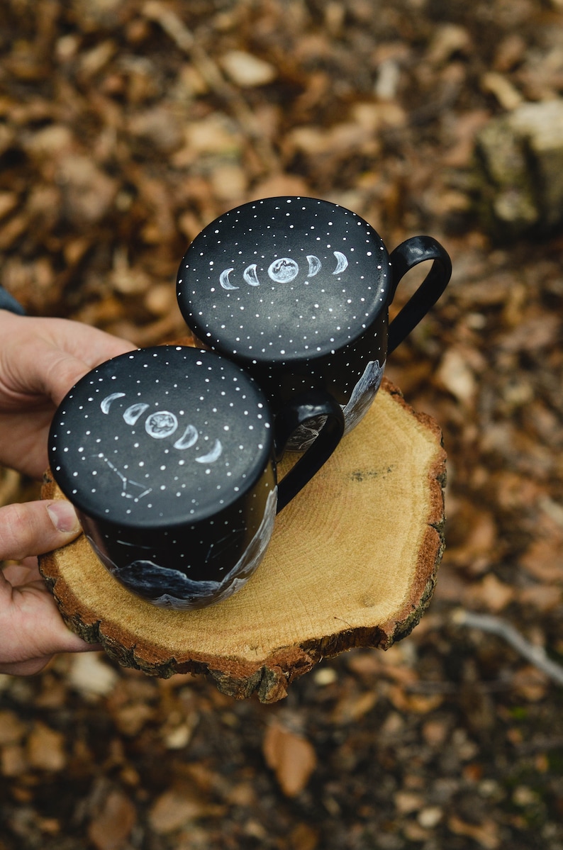 campfire mug porcelain with mountains, ceramic mug with lid, custom tea mug for nature decor and loose leaf tea, travel mug gift, moon phase image 4