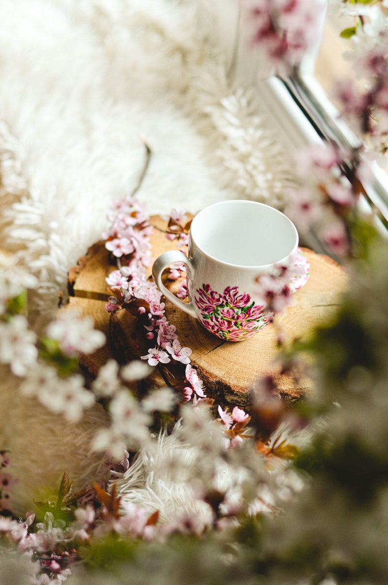 Plant mug with lid, customizable mug, magnolia mug for loose leaf tea, mother daughter mug ideas, Mother in law wedding gift, plant mom gift image 4