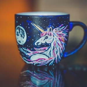 magical unicorn mug hand painted, fantasy art unicorn, custom mug for sister, coffee mug for book lover, magic cup for wizard, moon phase