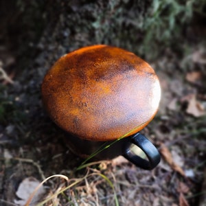 May include: A black ceramic mug with a rusty orange glaze. The mug has a handle and is sitting on a bed of brown leaves and green grass.