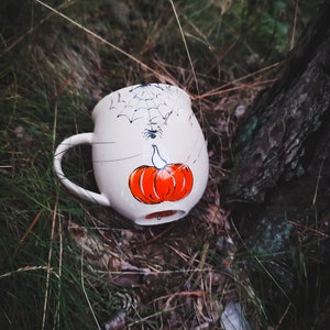Pumpkin art, fall coffee mugs, spider mug