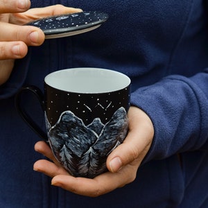 campfire mug porcelain with mountains, ceramic mug with lid, custom tea mug for nature decor and loose leaf tea, travel mug gift, moon phase image 2