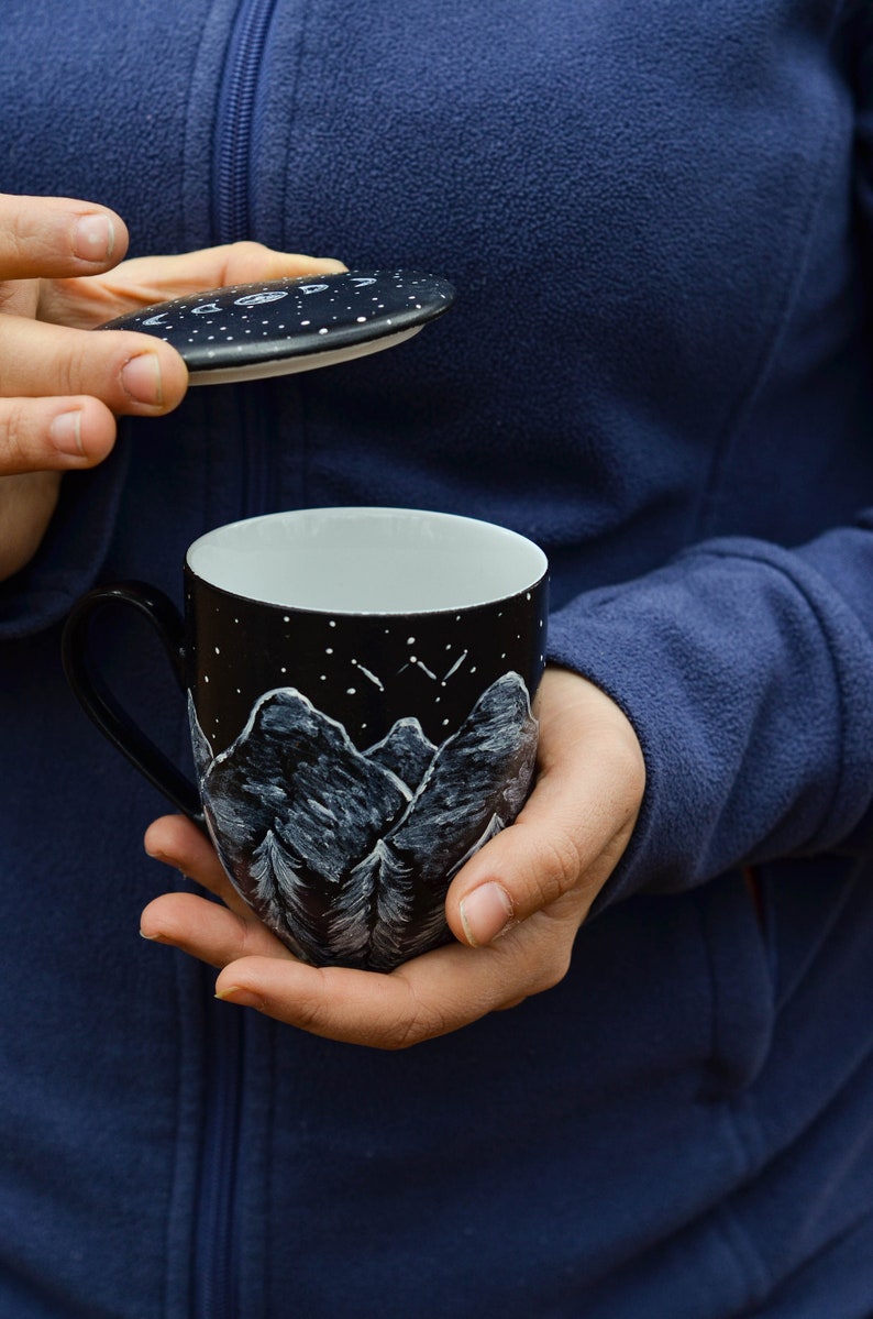 campfire mug porcelain with mountains, ceramic mug with lid, custom tea mug for nature decor and loose leaf tea, travel mug gift, moon phase image 2
