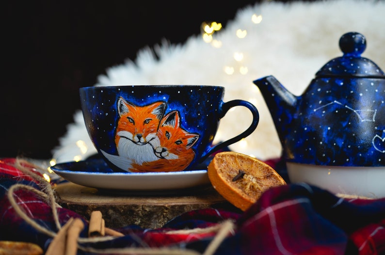 Fox tea for one set cup saucer teapot cozy galaxy painted Etsy