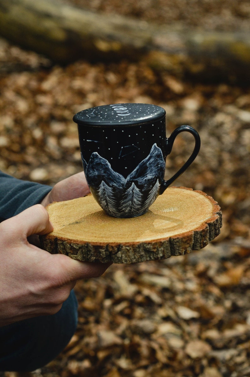 campfire mug porcelain with mountains, ceramic mug with lid, custom tea mug for nature decor and loose leaf tea, travel mug gift, moon phase image 1