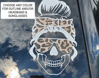 Leopard Skull Messy Bun Decal, Leopard Car Accessories, Car Decals For Women, Skull Decal, Mothers Day Gift, Birthday Gift, Bumper Sticker
