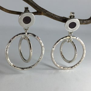 Stud drop earrings, Sterling silver hoops with beautiful hammered finish, Resin enamel detail. Geometric, Modern design.