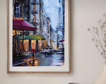 May include: A painting of a Parisian street scene with the Eiffel Tower in the background. The street is wet from rain and there is a person walking with a red umbrella. The sign above the cafe says "OCHARD".