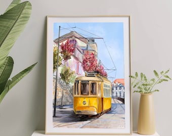 Stampa artistica del tram di Lisbona, poster di viaggio in Portogallo