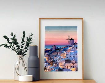 Konsttryck på Santorini solnedgång, Grekland reseposter