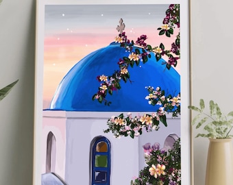 Santorini Grekland Konsttryck, Blå Kupol, Blommig Reseposter