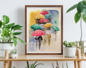 Regenachtige dagen Art Print, kunst aan de muur, paraplu print, aquarel, reiskunst, reisposter, woondecoratie, wanddecoratie, regenposter