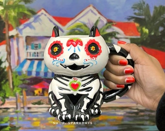 Kitten Mug Black White 3D Cup Day of The Dead Sugar Skull Retro Skeleton Cat Lovers Coffee Ceramic Tea Mug