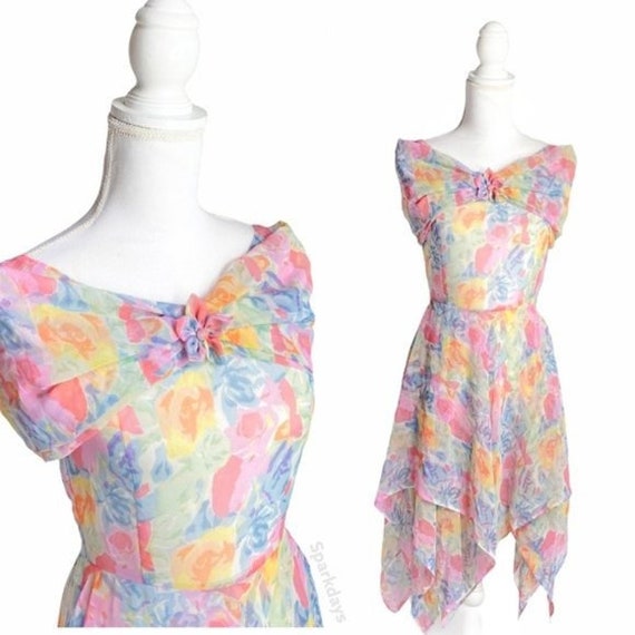 Vintage Pastel Floral Drape Shoulder Mini Dress |