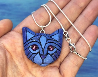 Galaxy Blue Cat Necklace With Violet Amethyst Eyes, Personalize with name on the back, February Birthstone, Fantasy Pet Portrait, Gift idea