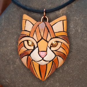 Ginger Cat Pendant Necklace – Orange Long-haired kitty cat jewelry – Personalizable Gift for Cat Lovers. Handmade Gift Idea, 2 cord choices