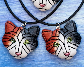 Calico Cat Necklace, Black, White and Brown Kitty Charm, Green Eyes, Gift idea for Cat Lover, Cute Kitten Face, Pet portrait, Animal Jewelry