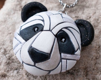 Panda Bear Necklace, Unique animal gift idea, Mosaic art to wear, Zoo Animal, symbol of China, Geometric Design, spirit animal, face, head