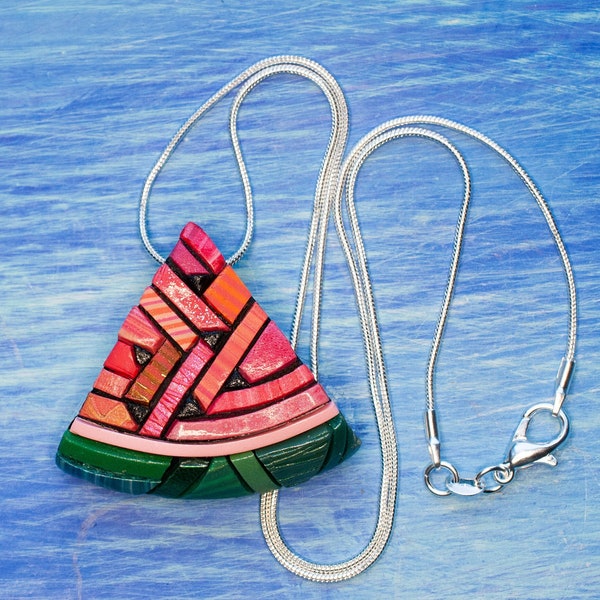 Watermelon Mosaic Necklace, Summer Farm Fresh Fruit, Cute & Sweet, Pink, Green, Shiny Little Black Seeds, Refreshing fun Unique gift idea