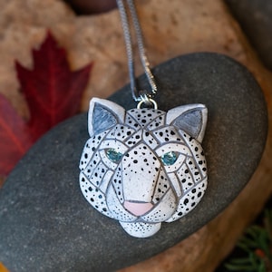Snow Leopard Necklace, Big Cat Spirit Animal Charm, Himalayan Wildlife, Alpine Wildcat. Unique Nature Gift idea, face, head, Unisex, Spots