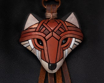 Red Fox Necklace, Rustic Western Spirit Animal, Mosaic art to wear, Unique gift idea, Adjustable-length Leather cord, Personalized option