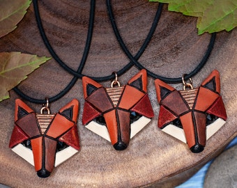 Red Fox Necklace, Rustic Geometric Spirit Animal, Mosaic art to wear, Unique Gift Idea