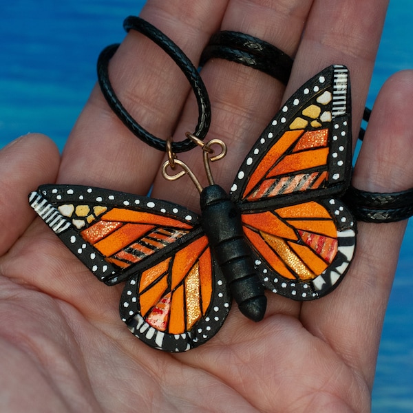 Monarch Butterfly Necklace, Endangered Species, Spirit Animal, Summer Pollinator, Mosaic Art to Wear, Unique gift idea, Insect nature lover