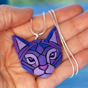 Cat Necklace, Royal Purple With Violet Eyes, Mosaic art to wear, Personalize with name on the back, Fantasy Pet Portrait, Unique Gift idea image 1