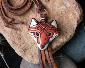 Red Fox Necklace on Adjustable-length Leather Cord, Rustic Western Style, Spirit Animal, Unique Handmade Gift Idea,