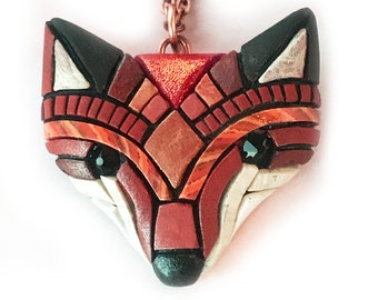 Red Fox Face Mosaic Necklace on Copper Chain, Spirit Animal, Unique gift idea for wife, Option to Personalize, Zoo keeper, Wildlife