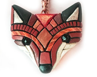 Red Fox Face Mosaic Necklace: Handmade Copper Chain Pendant