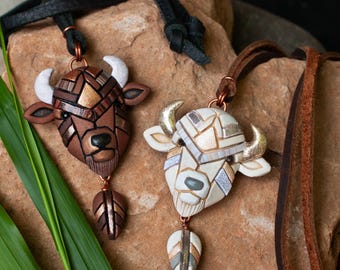 White or Brown Bison Buffalo Necklace: Handmade Western Gift