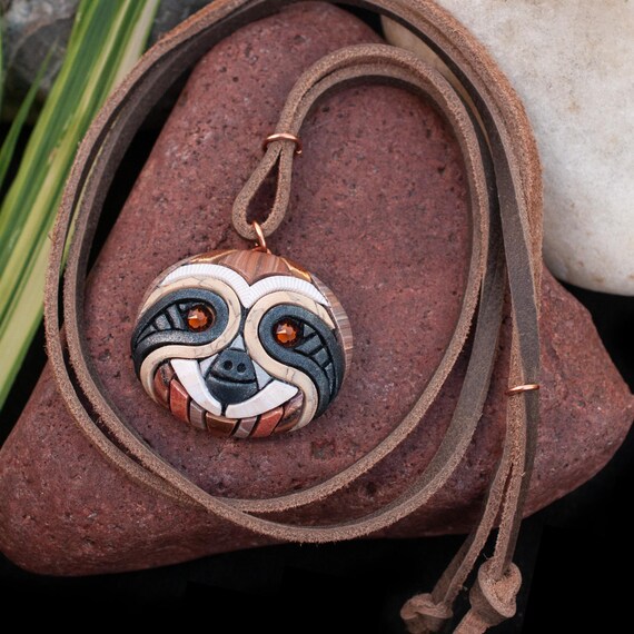 Sloth Face Mosaic Necklace, Cute South American Rain Forest Animal, Unique Fun Gift Idea, Symbol of Relaxation, Wear Nature Art, Neutrals