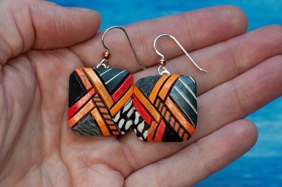 Orange & Black Dangly Earrings, Inspired by Monarch Butterflies, Lightweight, Abstract, Coordinating Brooch Available, Unique Gift Idea, Fun