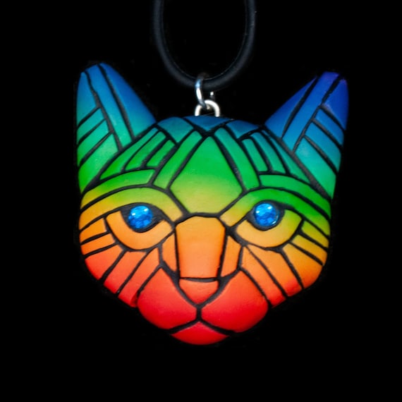 Rainbow Kitty Cat Face Mosaic Necklace With Crystal Blue Eyes, Colorful and Cheerful to Brighten your day, gift idea for pet owner, fun gift