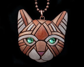Ginger Cat face Necklace, Green Eyes, Unique gift idea for animal lover or cat people, Mosaic art to wear, Pet portrait, fun cute kitty head