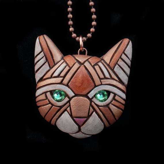 Ginger Cat face Necklace, Green Eyes, Unique gift idea for animal lover or cat people, Mosaic art to wear, Pet portrait, fun cute kitty head