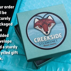Your package will arrive securely-packaged in a sturdy, recycled, teal box and matching padded envelope.
Free shipping in the United States