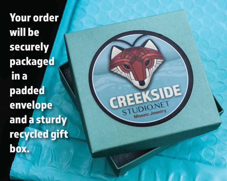 Your package will arrive securely-packaged in a sturdy, recycled, teal box and matching padded envelope.
Free shipping in the United States