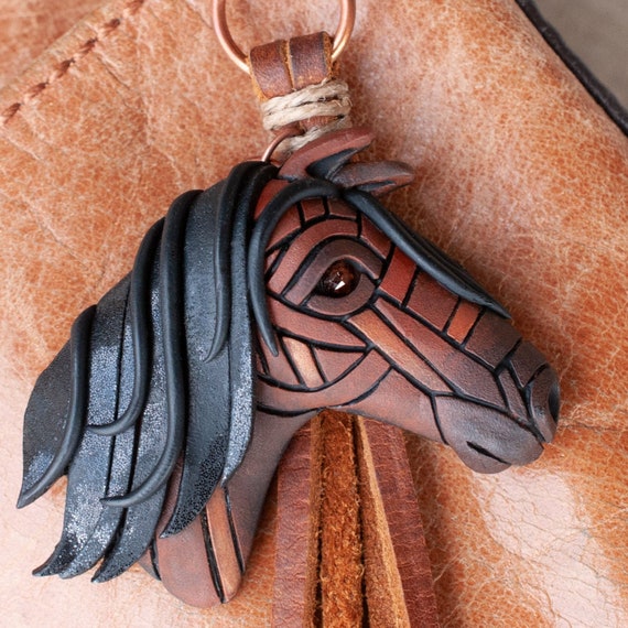 Bay Horse Necklace Pin or Purse Charm, Leather Cord with tassel, Personalized Option, Rustic, Western, Brown, American West, Spirit Animal