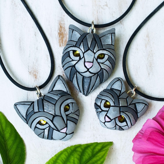 Gray Tabby Cat Pendant Necklace, Handmade Kitty Cat Gift Idea for Pet Lover, 3 Sizes