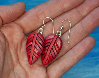 Red Leaf Mosaic Earrings, Light & Dangly, Unique Gift Idea, Matching Cardinal Brooch Available, Sterling wires, Christmas gift, Fall Winter