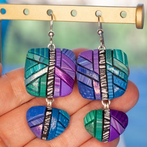 Earrings, Ombre Colors of Blue, Green & Purple, Abstract Mosaic, Unique ...
