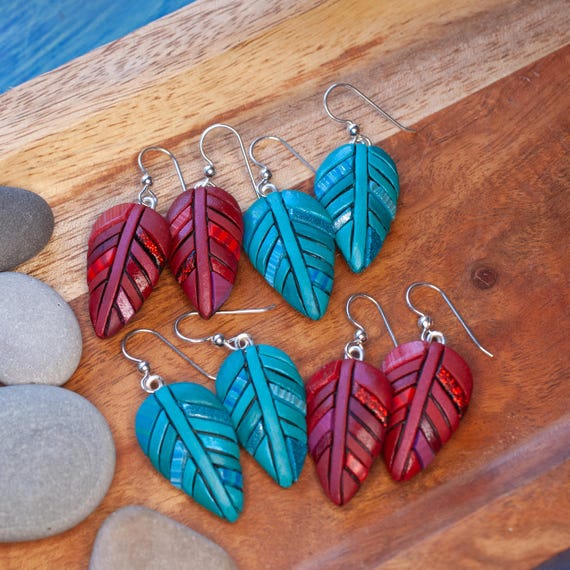 Red or Turquoise Leaf Earrings, Feather Light & Dangly, Clay Mosaic, Unique Gift Idea, Matching Cardinal Brooch, Sterling Silver Wires