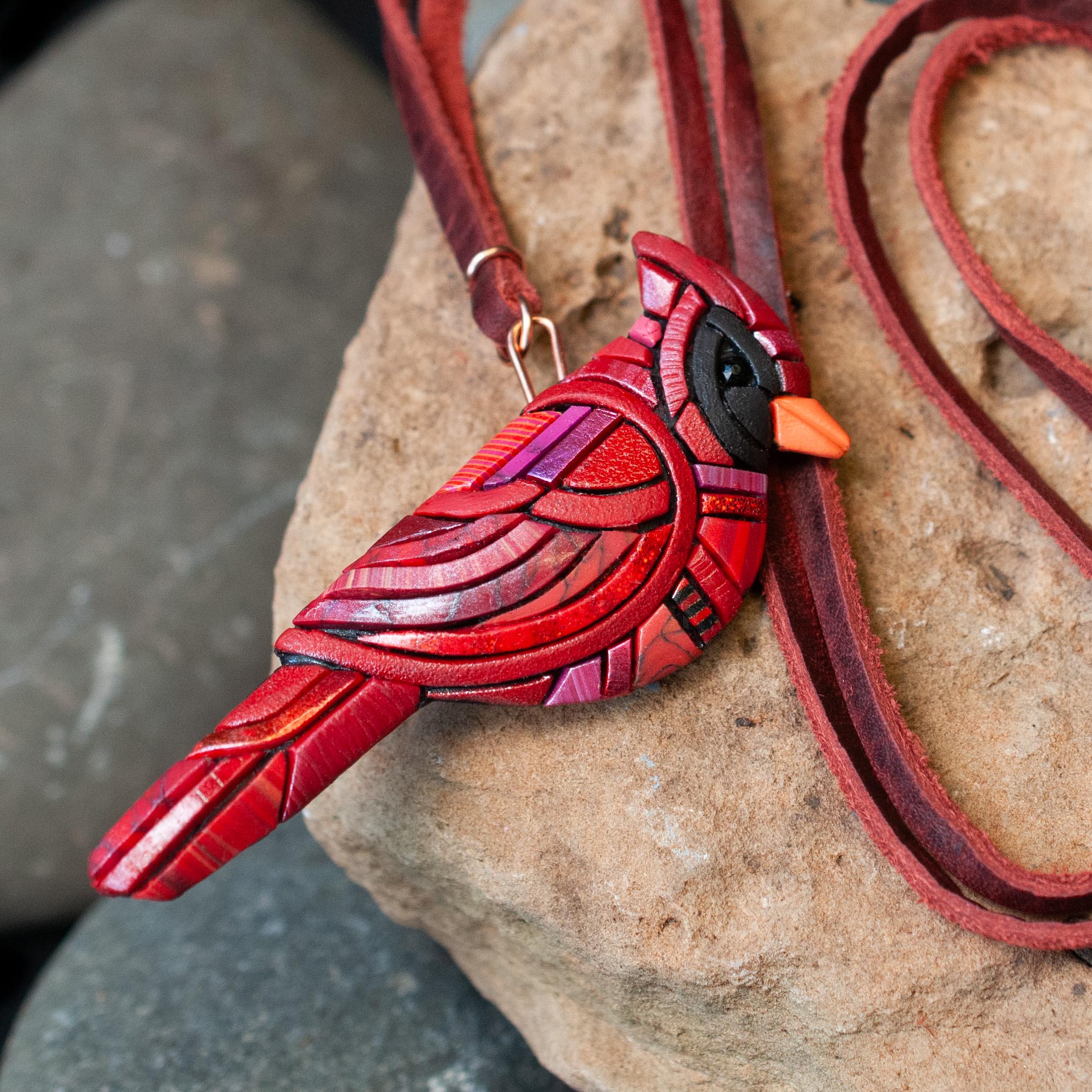 Cardinal Necklace Red Male or Female Bird 2 cord choices Mosaic art Christmas gift idea Holiday Native American Species Spirit Animal