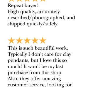 Graphic shows two examples of actual five-star reviews from my Etsy store. Shop with confidence.