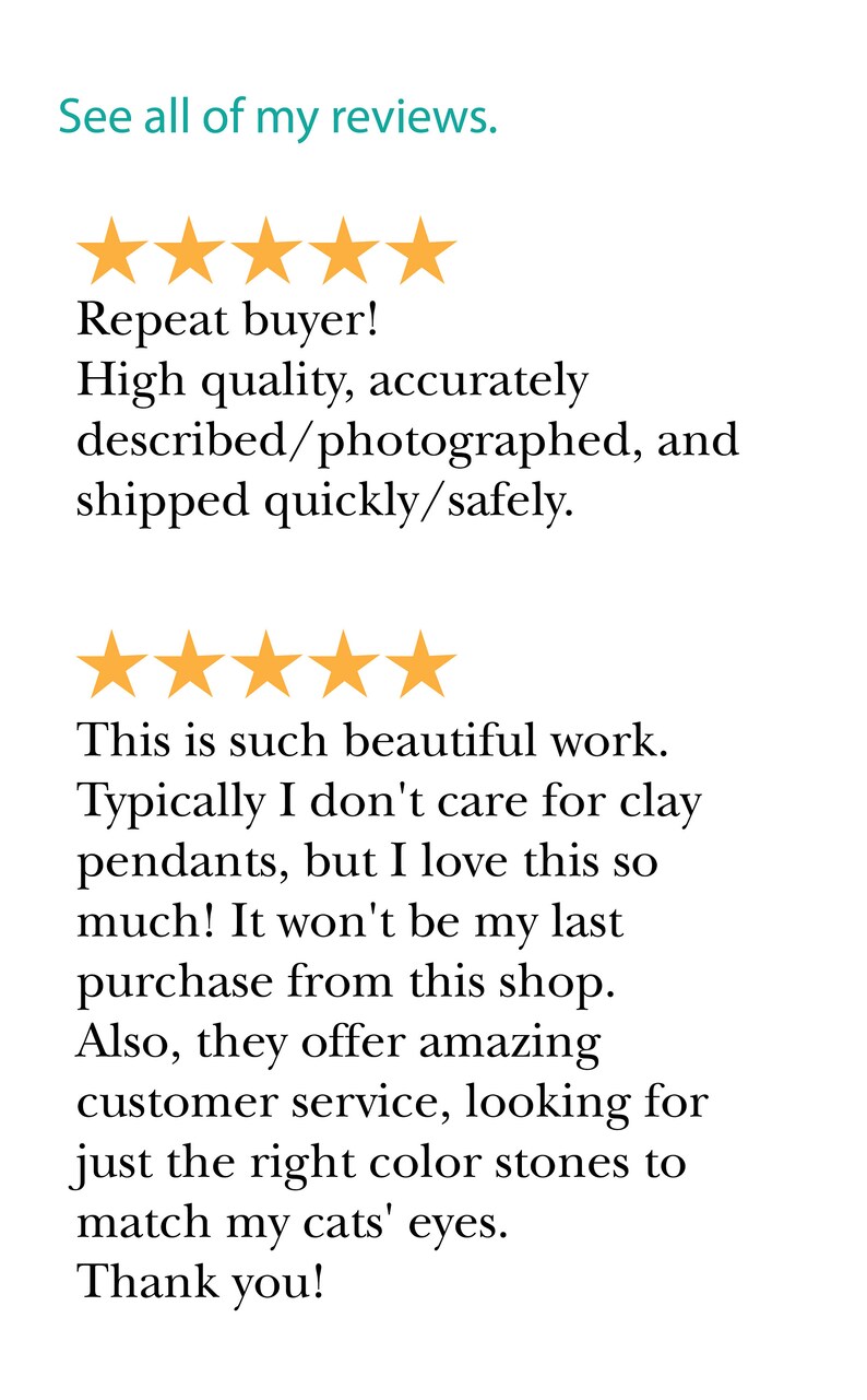 Graphic shows two examples of actual five-star reviews from my Etsy store. Shop with confidence.