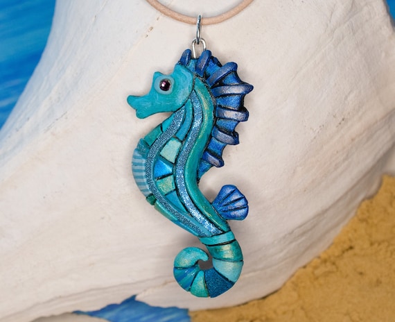 Seahorse Necklace, Summer Beach Accessory, Ocean Animal, Blue Mosaic Art, Unique gift idea, Leather cord