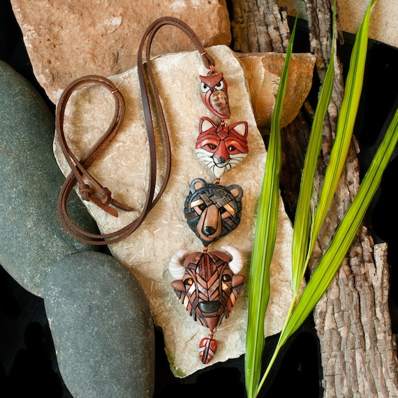 Wildlife Statement Necklace, Bison, Bear, Fox & Owl,  Handmade Mosaic Art Pendant, Adjustable Leather Cord, Wild Encounters by Linda Webb