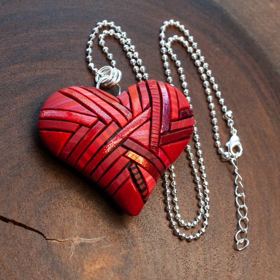 Heart Necklace, Bright Red Mosaic Art, Unique gift idea for her, Symbol of True Love, Valentine's Day Gift, Holiday bling, Passion, Romance